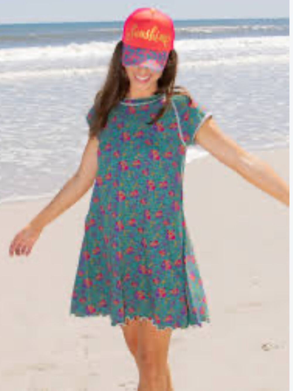 Lily Knit Cotton Tee Dress L Turquoise Floral Medallions Beachy Coastal Resort